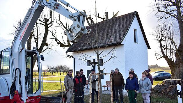 Ein Lillinger stiftete eine f&uuml;nf Meter gro&szlig;e Linde, die am Montag versetzt wurde und nun das Wahrzeichen an der Kapelle wieder vervollst&auml;ndigt. Pfarrer Josef Pingold aus Neunkirchen (4. v. l.) ist geb&uuml;rtiger Lillinger. Er weihte die Linde. Foto: Petra Malbrich