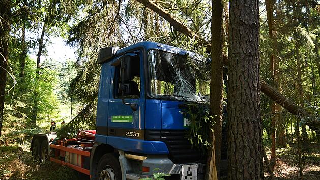 Mann f&auml;llt aus Fahrerkabine: Lastwagen f&auml;hrt f&uuml;hrerlos in Waldst&uuml;ck