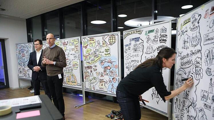 Die von einer "graphic recorderin" in Bilder übersetzten Ergebnisse wurden von Anna Scherbaum (VHS) und Walter Schweinsberg (MGO) symbolisch an Bürgermeister Christian Lange übergeben. Foto: Barbara Herbst