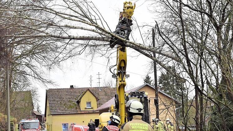 Eine wichtige Aufgabe bei diesem Feuerwehreinsatz bestand darin, die in Schräglage geratene Birke so zu beseitigen, dass sie keinen Schaden an der bestehenden Telefonleitung und Ortsbeleuchtung verursachen konnte.