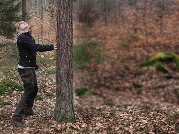 Theresia Hof begutachtet Bäume im Maroldsweisacher Forst. Foto: Helmut Will