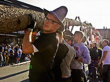 Gute 22 Meter Länge hat der Baum in diesem Jahr, den die Adelsdorfer Kerwasburschen wieder ohne Probleme in die Höhe stemmten.  Fotos: Sonja Werner