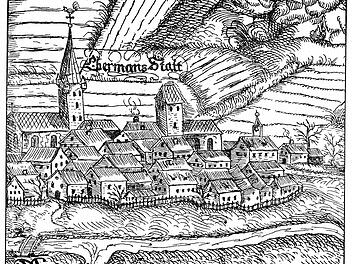 Ein Stich von Ebermannstadt um 1625 - also noch vor der Zerstörung durch die Schweden. Besonderheit: Anstatt einer massiven Stadtmauer sieht man hier einen Zaun um den Ort gezogen. Der hat vermutlich sogar gereicht, denn der Ort lag wie bei einer Insel zwischen den beiden Armen der Wiesent. Nur über Brücken, die man im Notfall schnell abmontieren konnte, gelangte man damals in den Ort. Repro: Reinhard Löwisch