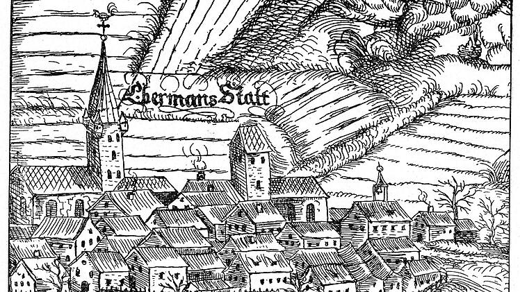 Ein Stich von Ebermannstadt um 1625 - also noch vor der Zerstörung durch die Schweden. Besonderheit: Anstatt einer massiven Stadtmauer sieht man hier einen Zaun um den Ort gezogen. Der hat vermutlich sogar gereicht, denn der Ort lag wie bei einer Insel zwischen den beiden Armen der Wiesent. Nur über Brücken, die man im Notfall schnell abmontieren konnte, gelangte man damals in den Ort. Repro: Reinhard Löwisch