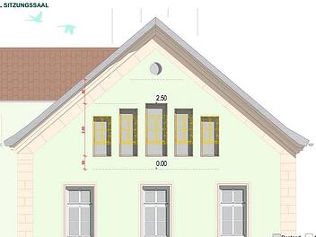 So soll das Rathaus mit der neuen Fensterfront einmal aussehen. Im ersten Entwurf war ein großes Aussichtsfenster geplant, was aber aus Kostengründen verworfen wurde.  Zeichnung: Gatz
