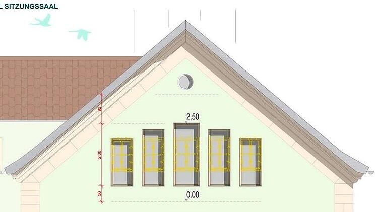 So soll das Rathaus mit der neuen Fensterfront einmal aussehen. Im ersten Entwurf war ein großes Aussichtsfenster geplant, was aber aus Kostengründen verworfen wurde.  Zeichnung: Gatz