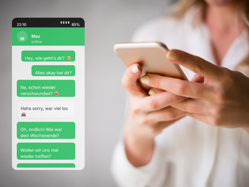 Frau h&auml;lt Smartphone in der Hand, daneben ein Chat-Verlauf mit unbeantwortetem Nachrichten &ndash; symbolisiert Breadcrumbing beim Online-Dating