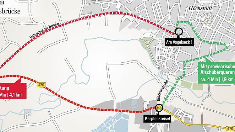 Mögliche Umleitung bei Verzicht auf die Behelfsbrücke. Grafik: Carolin Höfler