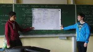 Im Unterricht haben die Schüler das Projekt vorbereitet. Hier stehen Florian Koch und Sascha Heß an der Tafel.  Fotos: Annafried Schmidt