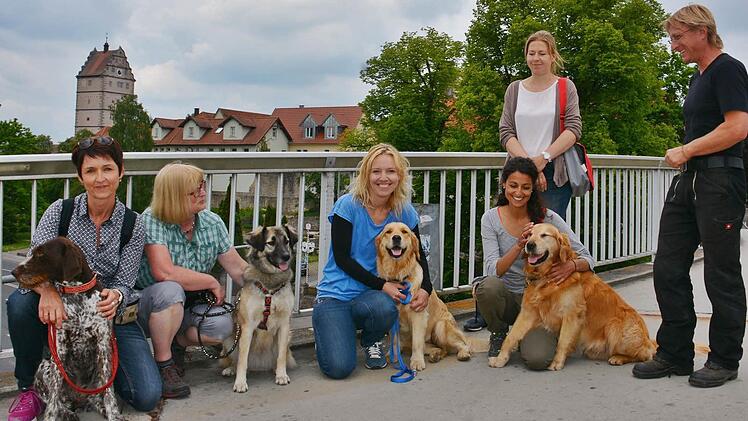 Zur praktischen Prüfung in Bad Neustadt gehörte auch das gehen auf der "schwankenden Failaiser Brücke". Unser Bild zeigt von links: Ines Klör mit Lotte, Martina Sturm mit Rana, Inga Hoffmann mit Emma, Christine Maier-Fuersich mit Simba, Sina Engel Prüferin BHV, sowie Andreas Pfister Hundetrainer canisteam. Foto: Friedrich