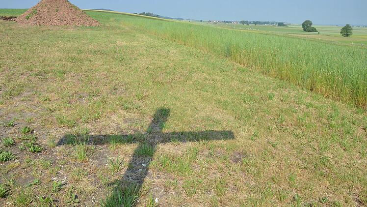 Der Schatten des Mahnkreuzes gegen den Flugplatzneubau fällt auf eine Wiese nahe dem Gelände, wo das Projekt umgesetzt werden soll. Foto: Rainer Lutz