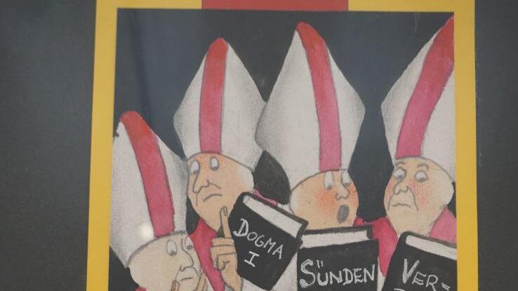 Provokant: Der 12 jährige Jesus im Tempel, der die Liebe in Form eines  Herzens predigt und um ihn herum Bischöfe, die sich an Verbote, Sünden-  und Kirchenstrafen und mit erhobenem Zeigefinger ans Dogma klammern. Foto: Marion Eckert