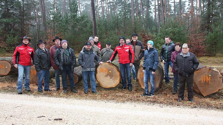 Wertvolle Hölzer verkaufte die Waldbesitzervereinigung Lichtenfels-Staffelstein bei ihrer Submission in Strullendorf. Unser Bild zeigt die stolzen Waldbauern mit ihren Stämmen. Foto: Stephan Stöckel