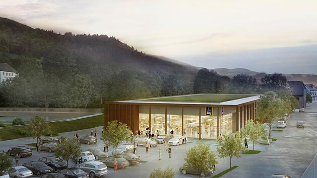 Am "Oberen Tor", wo fr&uuml;her die Tankstelle G&ouml;ller war, soll der neue Aldi-Einkaufsmarkt entstehen.   Illustration:  Sontowski und Partner