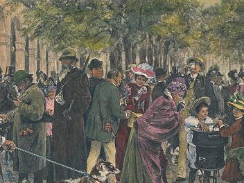Kuren, reden, spielen: Adolph von Menzel hält 1890 in seinem Gemälde "Brunnenpromenade" das gesellschaftliche Treiben im Kissinger Kurgarten fest. Quelle: Stadtarchiv Bad Kissingen
