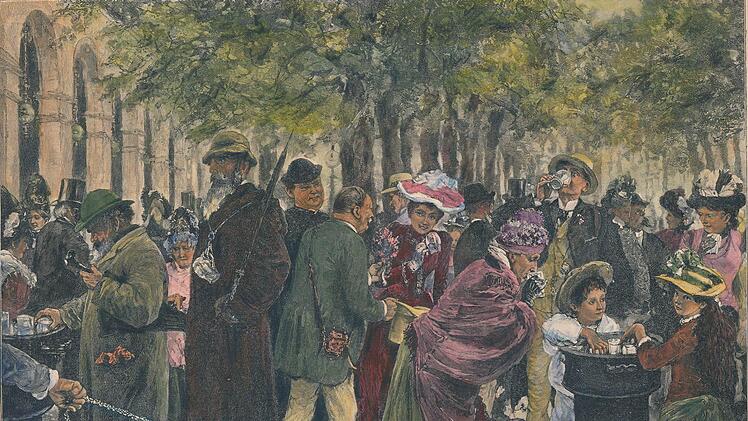 Kuren, reden, spielen: Adolph von Menzel hält 1890 in seinem Gemälde "Brunnenpromenade" das gesellschaftliche Treiben im Kissinger Kurgarten fest. Quelle: Stadtarchiv Bad Kissingen
