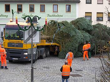 Alljährliches Schauspiel: die Aufstellung des Neustadter Weihnachtsbaumes. Fast 18 Meter hoch ist die aus Haarbrücken stammende Edel-Tanne, die seit Donnerstag auf dem Markt steht.Foto: Berthold Köhler
