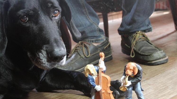 Baghira, die geliebte Mischlingshündin des Sammlers, passt auf zwei musizierende Hunde auf.