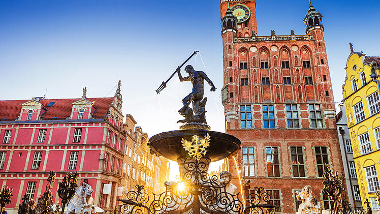 Beautiful fountain in the old center of Gdansk city, Poland