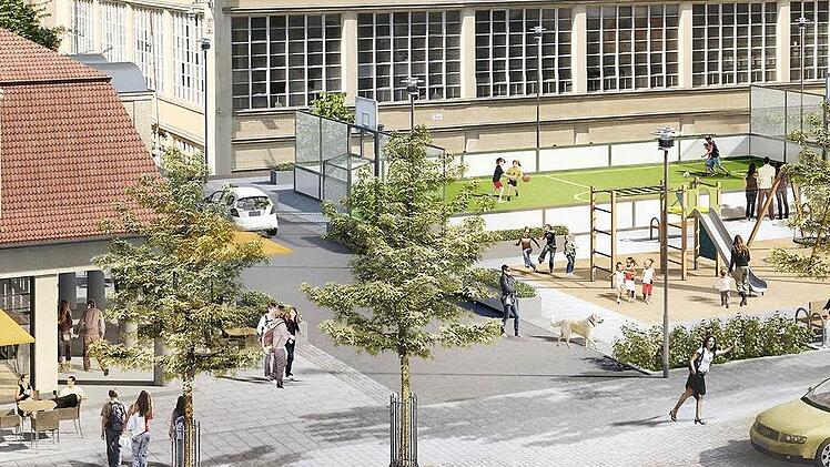 Der neue Eingang zur Spinnerei: links ist das Pförtnerhaus zu sehen, das derzeit schon saniert wird. Auf dem Vorplatz werden zudem ein Spiel- und Sportplatz errichtet (rechts). Visualisierung: Stadt Kulmbach