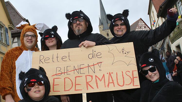 Wer soll außer den Bienen noch gerettet werden? Na, das steht doch deutlich auf dem Schild der Familie Burger aus Prappach beim Zeiler Faschingsumzug.Ralf Naumann