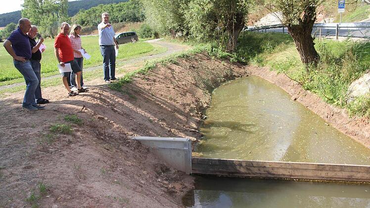 Das kleine Rückhaltebecken am Mühlsee zwischen Unter- und Obermerzbach wurde im Zuge des Straßenbaus angelegt und dient dem Rückhalt von Wassermengen hat aber auch für den Mühlbachsee eine Reinigungsfunktion, erklärte Bürgermeister Helmut Dietz (rechts) den Mitgliedern des Bauausschuss.  Foto: Helmut Will