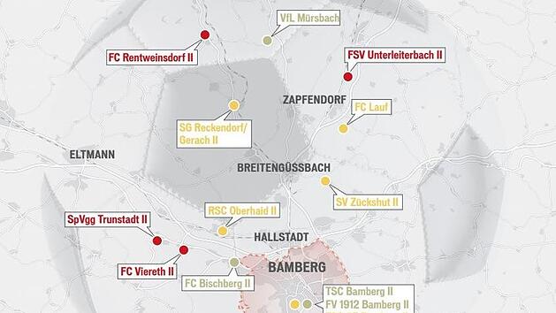 Zu vier Ausw&auml;rtsspielen au&szlig;erhalb des Bamberger Stadtgebiets hat RT Bamberg nicht antreten k&ouml;nnen und muss diese Spiele im neuen Jahr nachholen. Dazu kommen weitere Ausw&auml;rtsspiele in Z&uuml;ckshut, Reckendorf/Gerach, Oberhaid und Lauf - der Terminkalender ist aber prall gef&uuml;llt. Rot=ausgefallenes Ausw&auml;rtsspiel; Gelb=noch offenes Ausw&auml;rtsspiel; Gr&uuml;n=angetretenes Ausw&auml;rtsspiel.  Grafik: Micho Haller