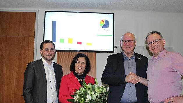 Als großen Vertrauensbeweis der Bevölkerung sieht Klaus Homann sein Wahlergebnis von 63,61 Prozent. Bei vier Gegenkandidaten wurde er auf Anhieb in seinem Amt bestätigt. Erste Gratulanten waren seine Frau Christine, Wahlleiter Günther Dittrich (rechts) und Geschäftsleiter Tobias Schmaus (links).  Foto: Werner Baier