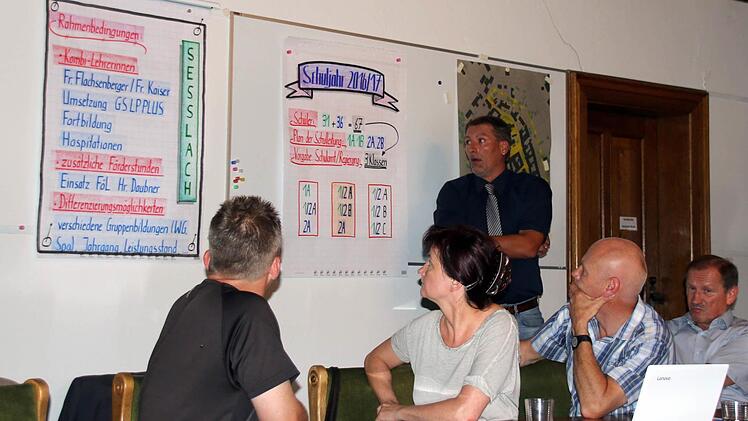 Warum es bei den derzeitigen Schülerzahlen im neuen Schuljahr 2016/17 keine Schulklassen in Gemünda geben wird, erläuterte der Schulleiter der Seßlacher Grund- und Mittelschule Wolfgang Hoydem (stehend) am Dienstagabend den Seßlacher Stadträten (im Vordergrund, von links, Uwe Siegel, Gudrun Jöchner und Berthold Borczyk, alle FW).Foto: Bettina Knauth