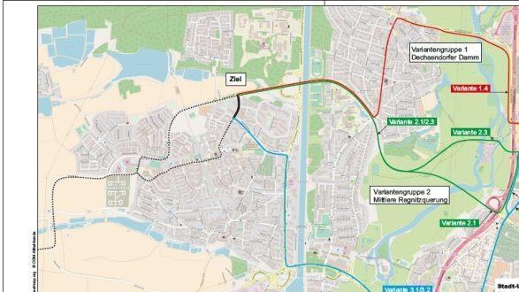 Die Variante 2.3 ist die Variante über die Wöhrmühlinsel, die Variante 2.1 ist die Planungsgrundlage, die Kosbacher Brücke. Skizze: ZV StUB