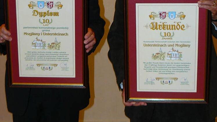 Die Bürgermeister Kryzstof Musial und Heinz Burges mit den Urkunden zum Partnerschaftsjubiläum.