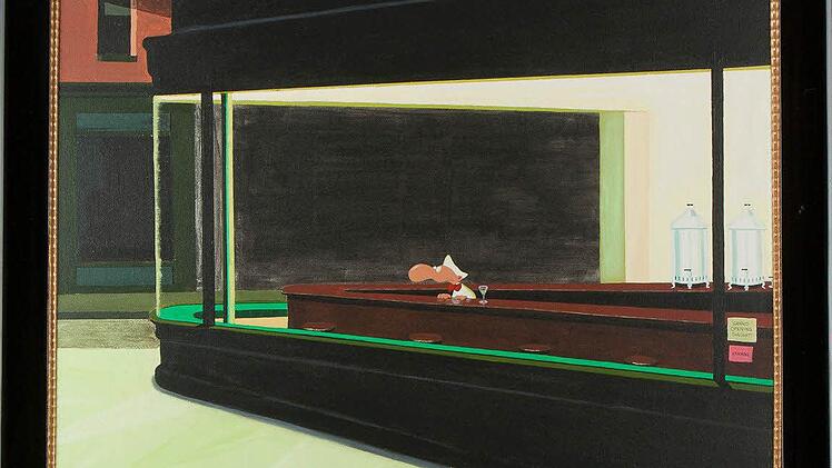 Parodien berühmter Kunstwerke:Edward Hopper "Die große Eröffnung", Leihgabe Walter MoersDie Einsamkeit des Individuums in urbaner Umgebung ist das Zentralthema im Schaffen Edward Hoppers. Architektur und Melancholie, Isolation und Sehnsucht, niemals hat ein Maler diese Themen so kühl und dennoch anrührend auf Leinwand projiziert wie Hopper in seinem Gemälde "Die große Eröffnung". Da hat jemand ein Lokal eröffnet, und niemand kommt. Warum? Was hat der kleine Lokalbesitzer falsch gemacht? Ist d...