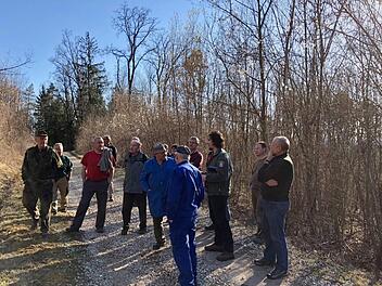 F&ouml;rster Johannes Rossiwal (3.&nbsp;v.&nbsp;r.) erl&auml;utert, wie Waldbesitzer ihren jungen Wald am besten pflegen k&ouml;nnen. Foto: AELF Bamberg
