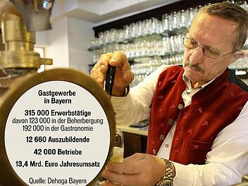 Hans-Ludwig Straub, Inhaber des Hotels und Brauereigasthofes Drei Kronen in Memmelsdorf (Landkreis Bamberg), zapft an seiner Schänke ein frisches Bier. Foto: Matthias Hoch/Archiv