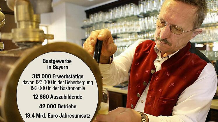 Hans-Ludwig Straub, Inhaber des Hotels und Brauereigasthofes Drei Kronen in Memmelsdorf (Landkreis Bamberg), zapft an seiner Schänke ein frisches Bier. Foto: Matthias Hoch/Archiv
