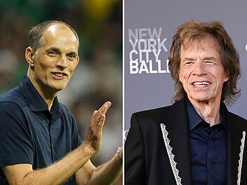 Mick Jagger (rechts) sch&auml;tzt die Arbeit des englischen Nationaltrainers Thomas Tuchel.