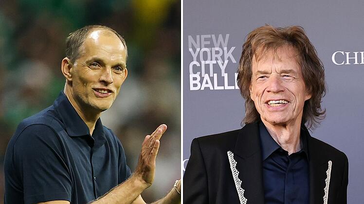 Mick Jagger (rechts) sch&auml;tzt die Arbeit des englischen Nationaltrainers Thomas Tuchel.