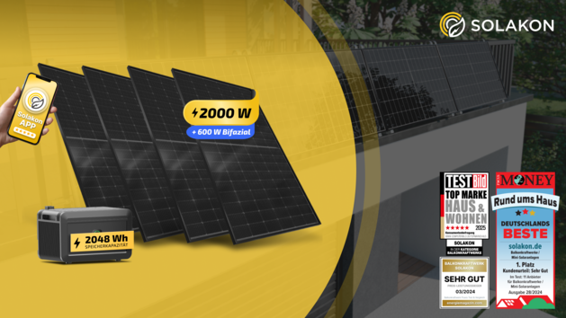 Das Balkonkraftwerk onPower 2000 Watt von Solakon bietet eine effiziente und nachhaltige Energieversorgung für umweltbewusste Haushalte, optional mit Stromspeicher.