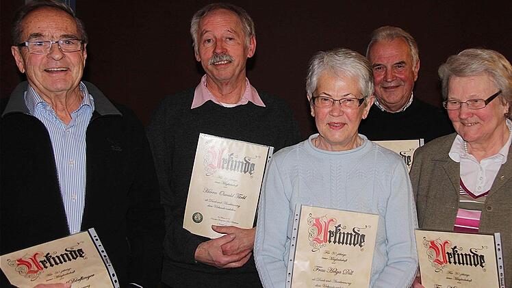 Geehrt wurden langjährige Mitgliedschaften: Josef Dörflinger (von links) gehört dem Rhönklub-Zweigverein Bad Brückenau seit 50 Jahren an, Oswald Türbl seit 40 Jahren sowie seit 30 Jahren Helga Dill, Marianne Müller und Walter Grünewald (hinten). Foto: Gerd Schaar