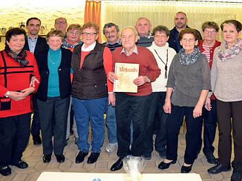 Exakt 20 Mitglieder des TSV Arnshausen standen zur Ehrung für 25-, 40-, 50- und-60-jährige Mitgliedschaft im Verein an. Hinten links der frisch gewählte Vorsitzende, Holger Schmitt. Foto: Peter Rauch