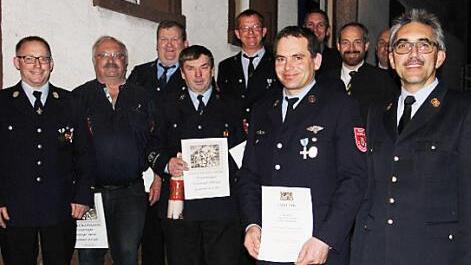 Vorne: Uwe Ganzleben und Siegfried Zillig. Dahinter: Die Geehrten Kai Hohenreuther, Rainer Heckel, Thomas Bock, stellv. Landrat Jörg Kunstmann, Bürgermeister Martin Bernreuther sowie die beiden Ehrenmitglieder Werner Stübinger und Gerhard Friedmann. Foto: Katharina Müller-Sanke