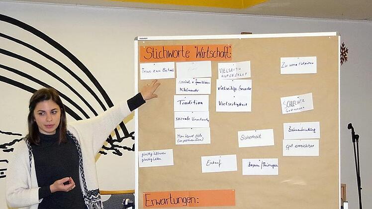 Bettina Teleky vom Stadtumbaumanagement wertet die Stichpunkte aus, womit die Stammtisch-Mitglieder den Wirtschaftsstandort Ludwigsstadt verbinden.Heike Schülein