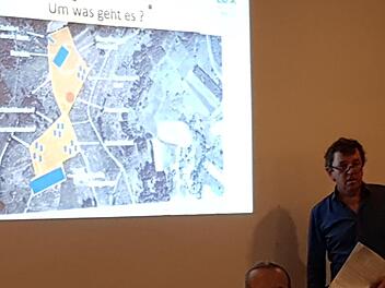 Tom Konopka erläuterte die Sicht des Bundes Naturschutz zum Flächenfraß und zum geplanten Feriendorf (auf der Projektion). Foto: Marco Meißner