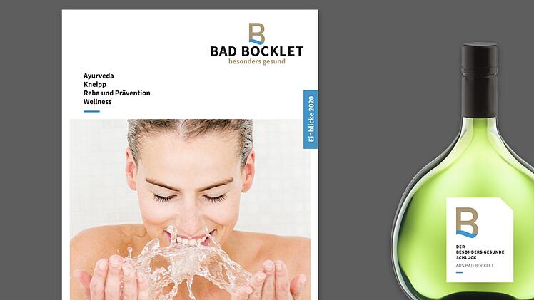 Die neue Broschüre und sogar der Bocksbeutel zeigen mit Logo und Grafik das neue Corporate Design Bad Bocklets. Grafik: Hd7B Medien