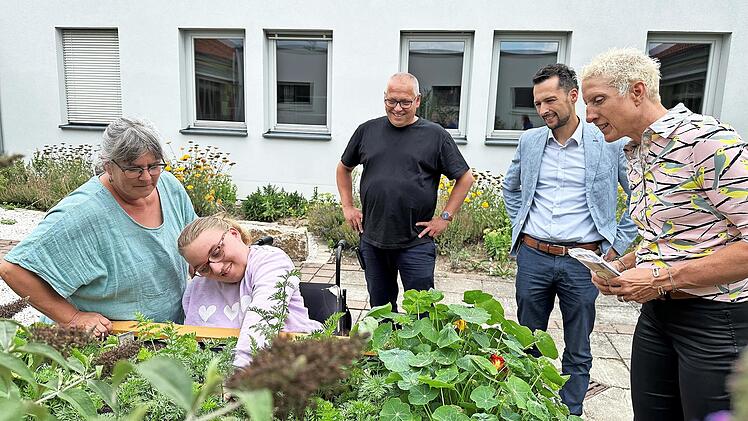 Geschäftsführerin Ute Häußer (r.), Regionaldirektor Michael Götz (2. v. r.) und Bildungsleitung Siegfried Aiglstorfer (Mitte) schauen bei der Ernte zu.
