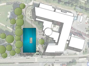An dieser Stelle möchten die Planer das Ärztehaus im Georgi-Park errichten. Vier Bäume müssten wohl dafür weichen. Grafik: designplus Planungsgesellschaft mbH