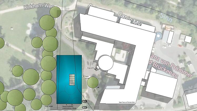 An dieser Stelle möchten die Planer das Ärztehaus im Georgi-Park errichten. Vier Bäume müssten wohl dafür weichen. Grafik: designplus Planungsgesellschaft mbH
