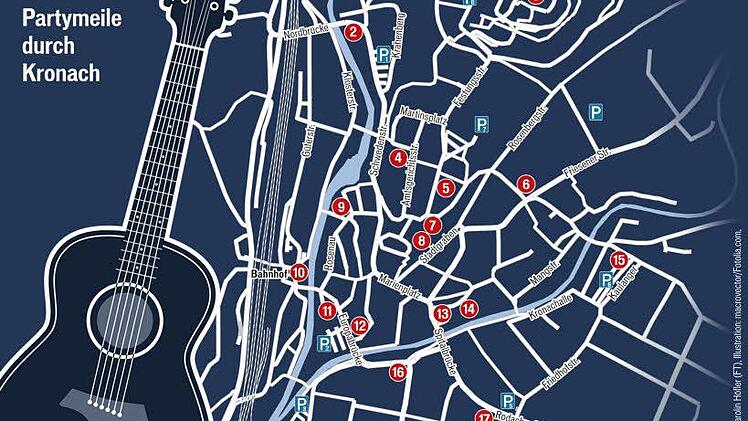 18 Locations in der Kronacher Innenstadt laden am Samstag zur Musiknacht ein. Grafik: Carolin Höfler