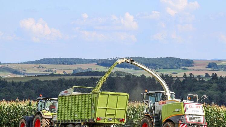 Ab sofort wird in der Region wieder Mais geerntet. Wie hier auf dem Feld von Wolfgang Schultheiß kurz vor Gossenberg sind große Feldhäcksler sowie Traktoren mit Anhängern im Einsatz.  Foto: Bettina Knauth