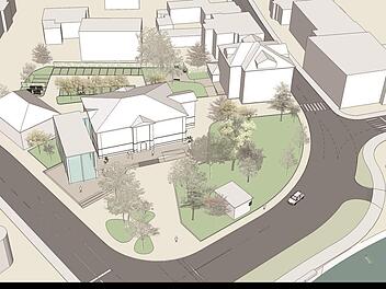 So soll sich die Volkshochschule nach der Sanierung und Pflanzung präsentieren.  Visualisierung: Architekturbüro Station C23